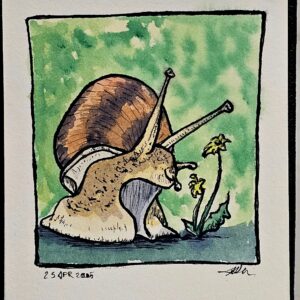 Ink and wash snail sniffing small flower