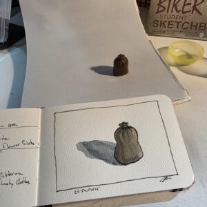 Ink and wash sketch of a miniature flour sack