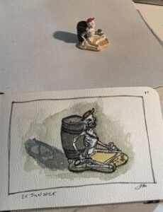 Ink and watercolor wash illustration of a pirate skeleton lashed to a powder keg