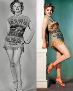 Marilyn Monroe posing in a burlap sack