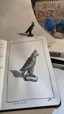 Miniature model of a Hieroglyph of Re sculpture, and an ink and watercolor wash sketch of it