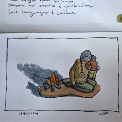 Powhatan Mother and Child Ink and Watercolor Wash Sketch