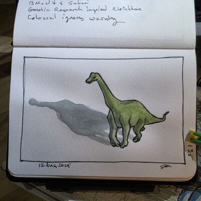 Ink and watercolor wash sketch of a brachiosaur