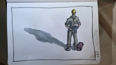 ink and watercolor wash sketch of construction worker