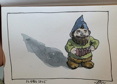 Ink and Watercolor Wash Sketch of a Gnome Playing Accordion