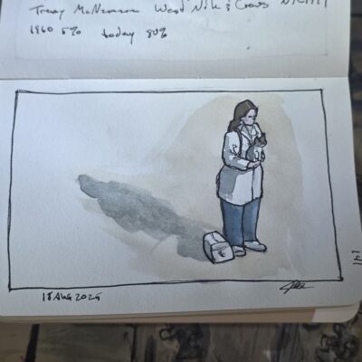 Ink and watercolor wash sketch of a veterinarian woman