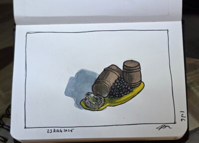 Ink and watercolor wash sketch of cannonballs 