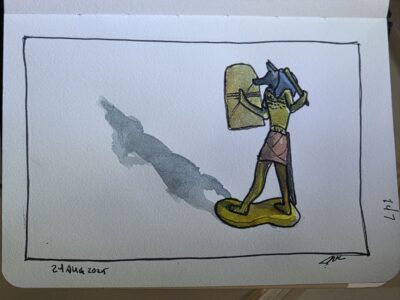 Anubis sketch in ink and watercolor