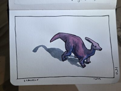 Parasaurolophus ink and watercolor wash sketch