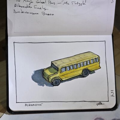 Ink and watercolor wash sketch of a school bus