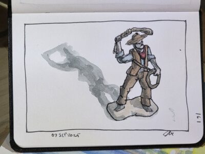 Ink and Watercolor Wash Sketch of a Cowboy and Lasso