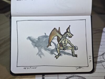 Ink and watercolor wash sketch of a baby dragon holding a pearl