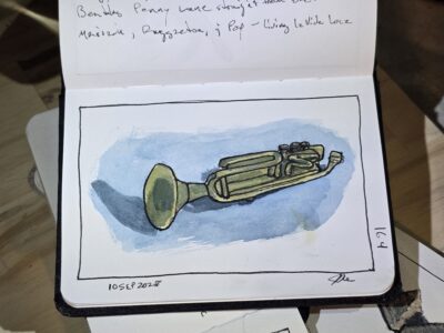 Ink and watercolor wash sketch of a trumpet