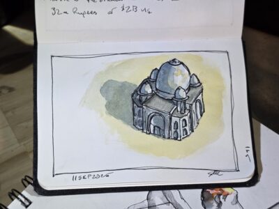 Ink and watercolor wash sketch of the Taj Mahal