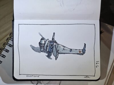 Ink and Watercolor Wash Sketch of a B-Wing Fighter