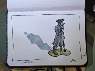 Ink and watercolor wash of a peg legged pirate