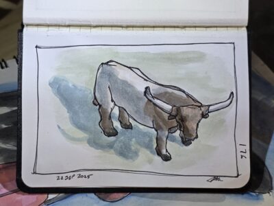 Ink and Watercolor sketch of a Texas Longhorn