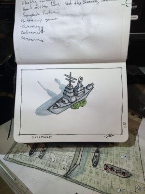 Ink and Watercolor Battleship Sketch