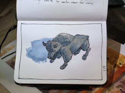 Ink and Watercolor Sketch of a Bison Figurine