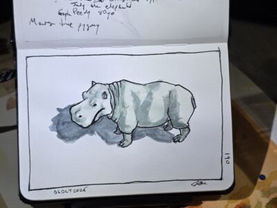 Ink and Watercolor Sketch of a Hippo