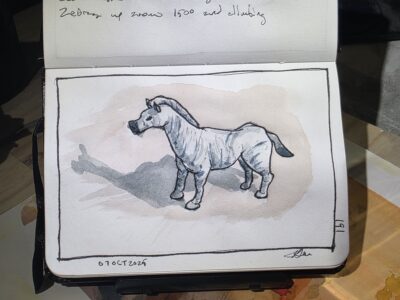 Ink and Watercolor Sketch of a Zebra Figurine