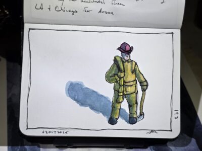 Ink and wash sketch of a Firefighter Figurine
