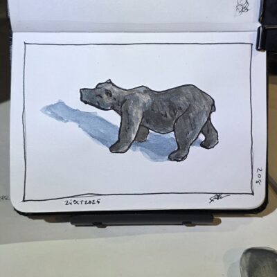 Ink and Watercolor Sketch of a Black Bear Figurine
