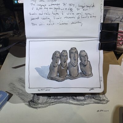 Ink and watercoler sketch of the Moai statues figurine